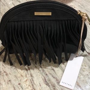 Kestrel black suede fringe round make up bag pouch